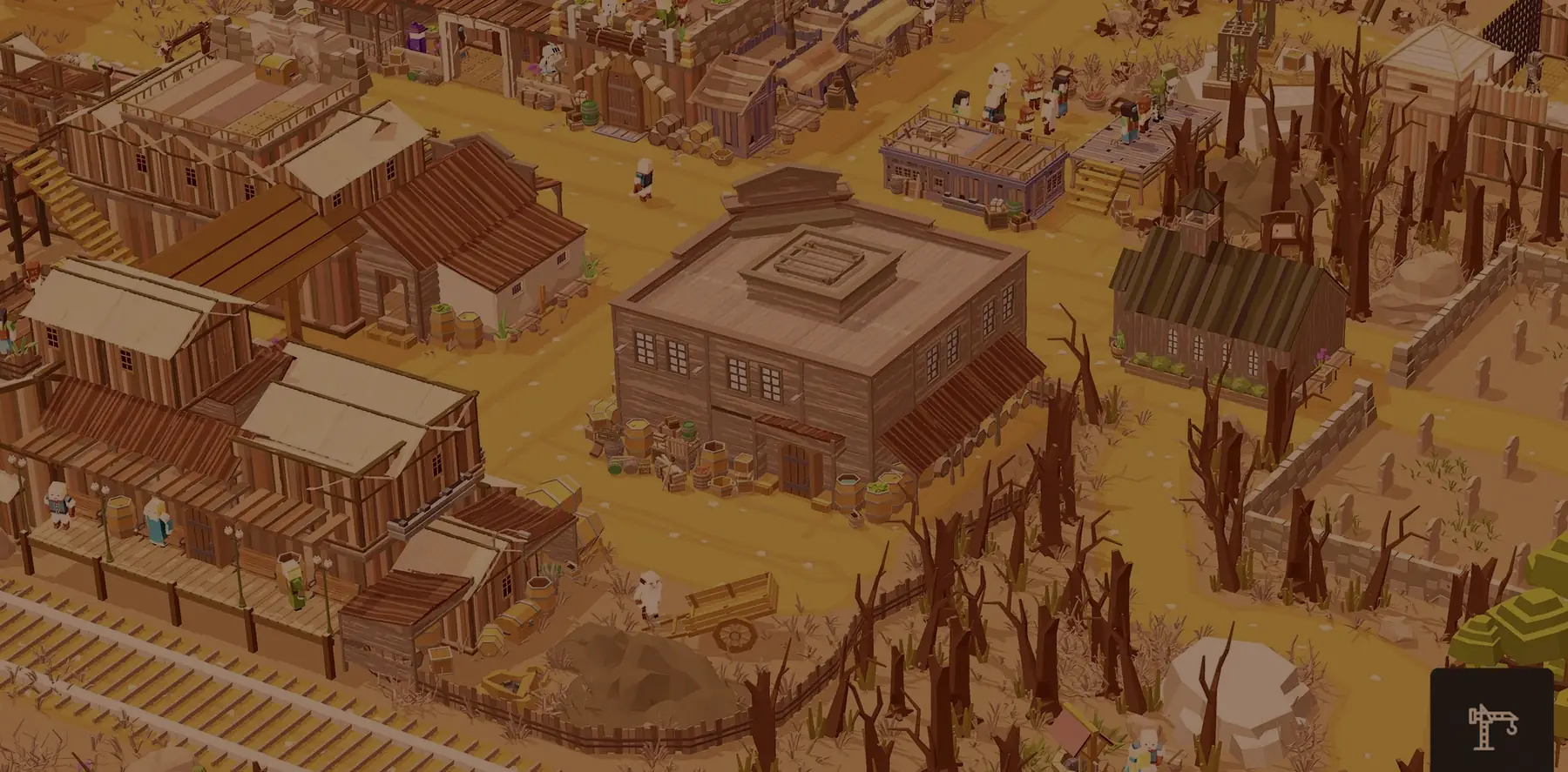 Città di legno costruita in Pocket Build vista dall'alto, con strada centrale, magazzini e recinti