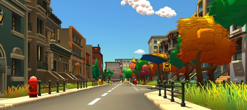 Strada cittadina con negozi e alberi autunnali in Tiny Landlord, vista in prospettiva