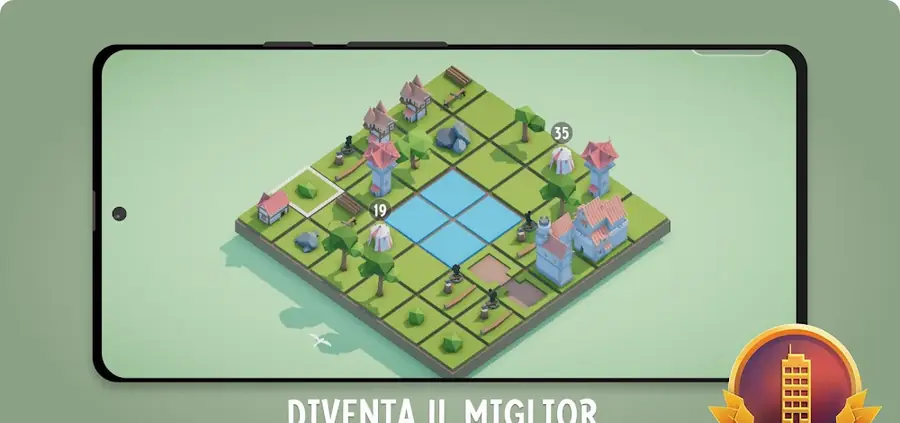 Schermata di Teeny Tiny Town su telefono: griglia isometrica con casette, alberi e laghetto